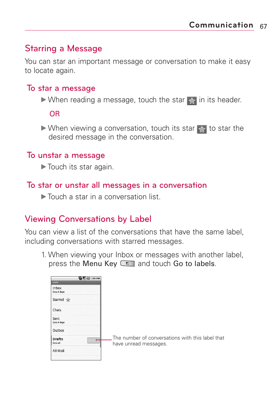 Starring a message, Viewing conversations by label, Communication | LG Optimus MS690 User Manual | Page 69 / 155