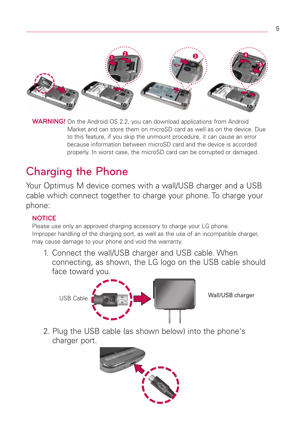 Charging the phone | LG Optimus MS690 User Manual | Page 7 / 155