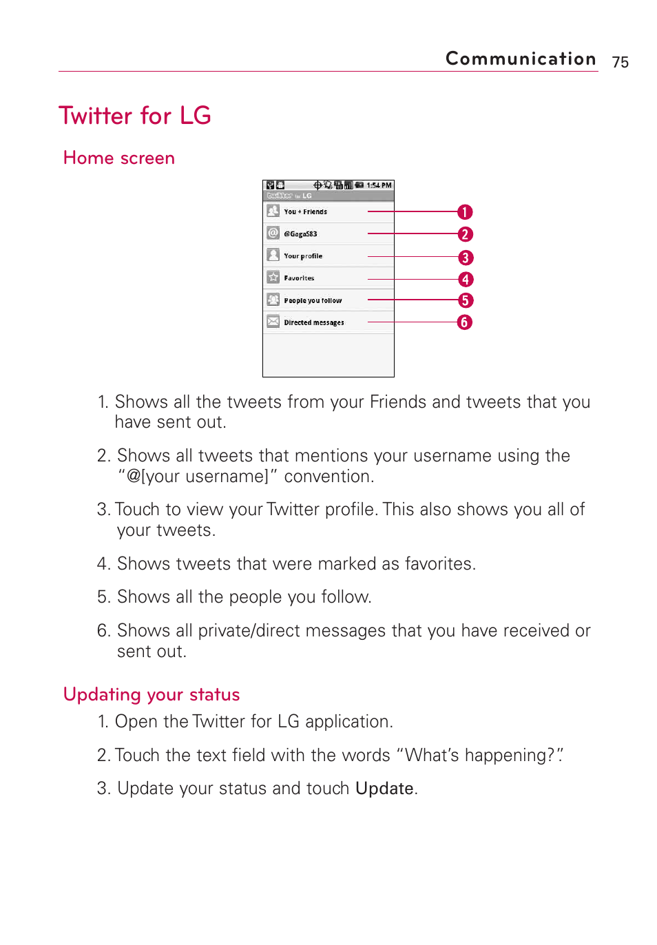 Twitter for lg | LG Optimus MS690 User Manual | Page 77 / 155