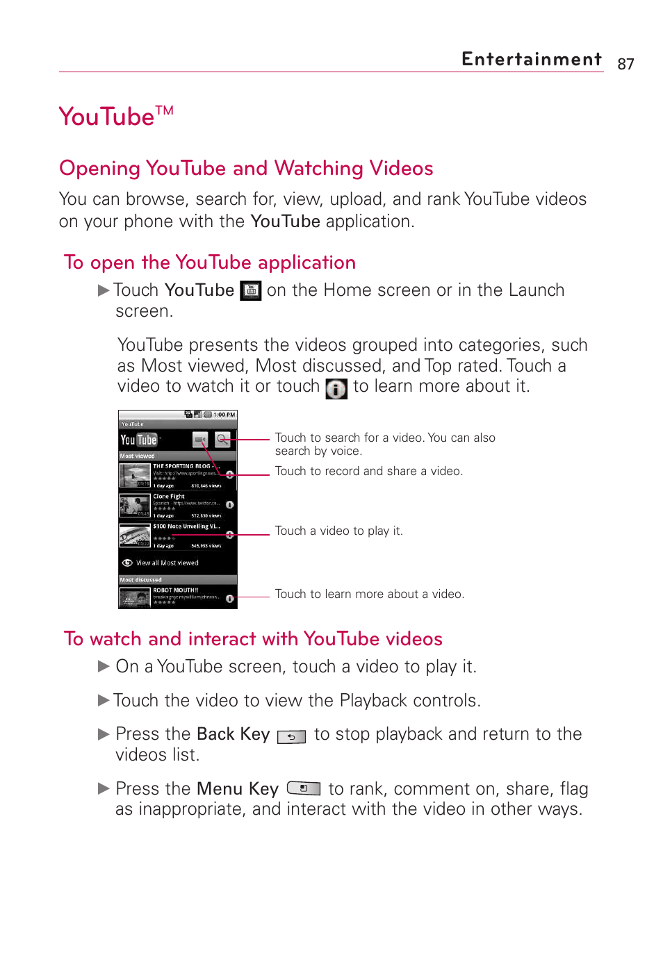 Youtube, Opening youtube and watching videos, Entertainment | LG Optimus MS690 User Manual | Page 89 / 155
