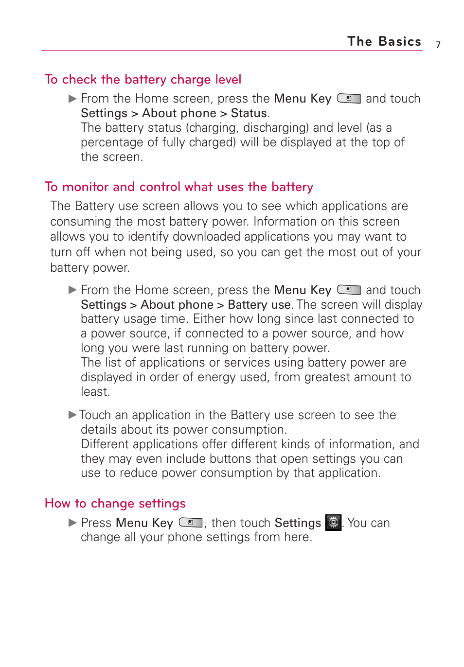 The basics to check the battery charge level, How to change settings | LG Optimus MS690 User Manual | Page 9 / 155