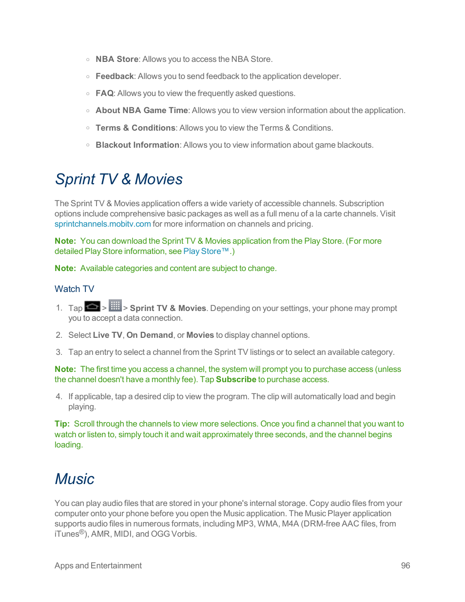 Sprint tv & movies, Music | LG Optimus G User Manual | Page 104 / 192