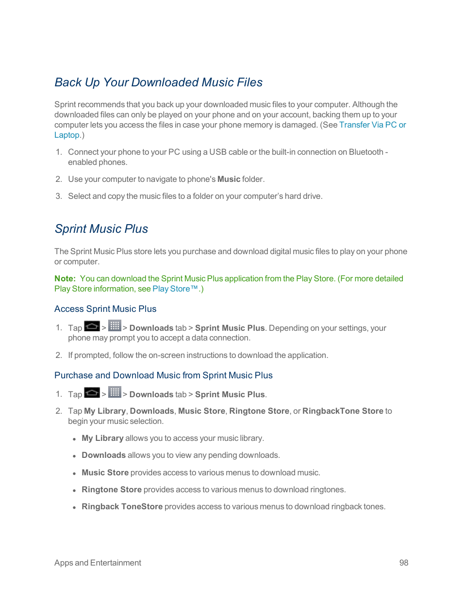 Back up your downloaded music files, Sprint music plus | LG Optimus G User Manual | Page 106 / 192