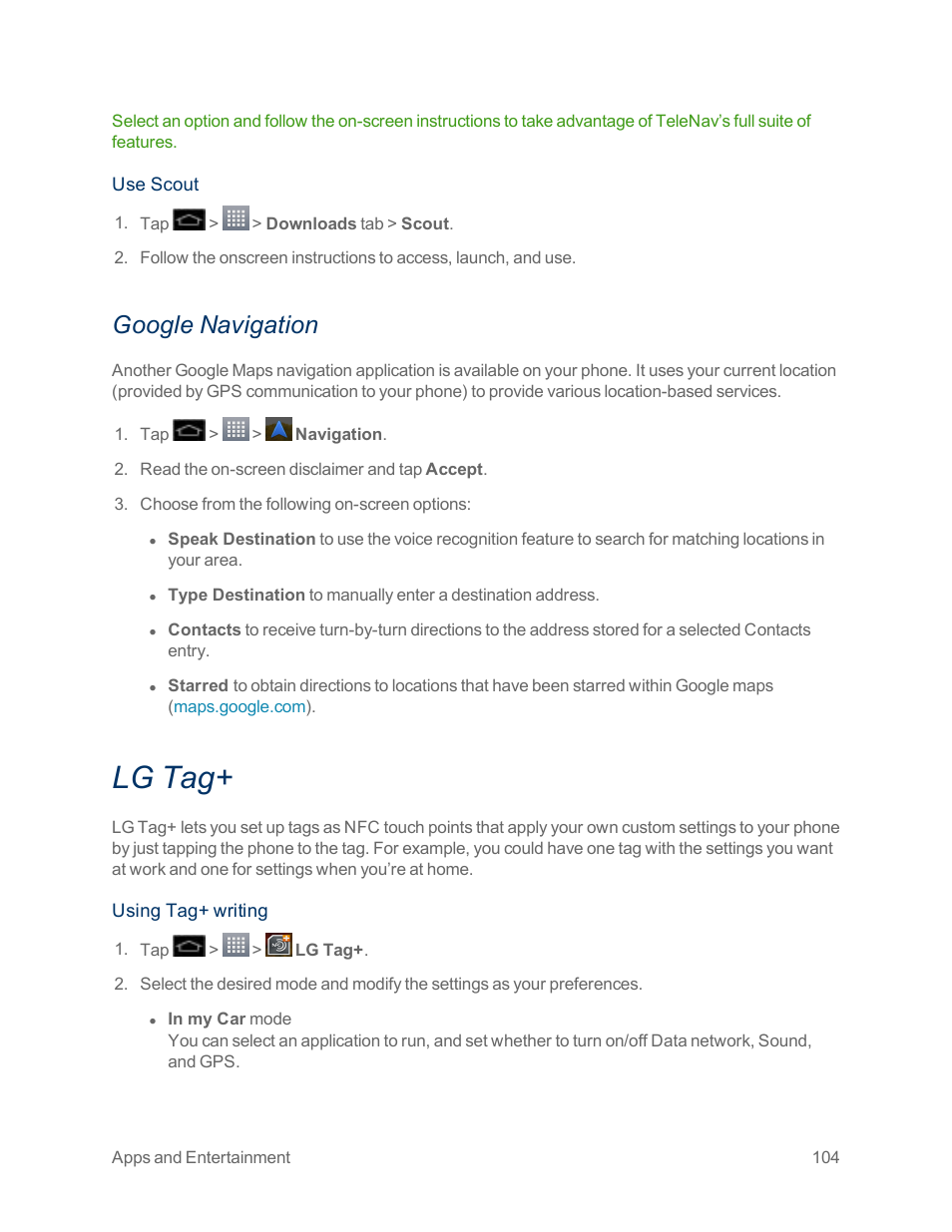 Google navigation, Lg tag | LG Optimus G User Manual | Page 112 / 192