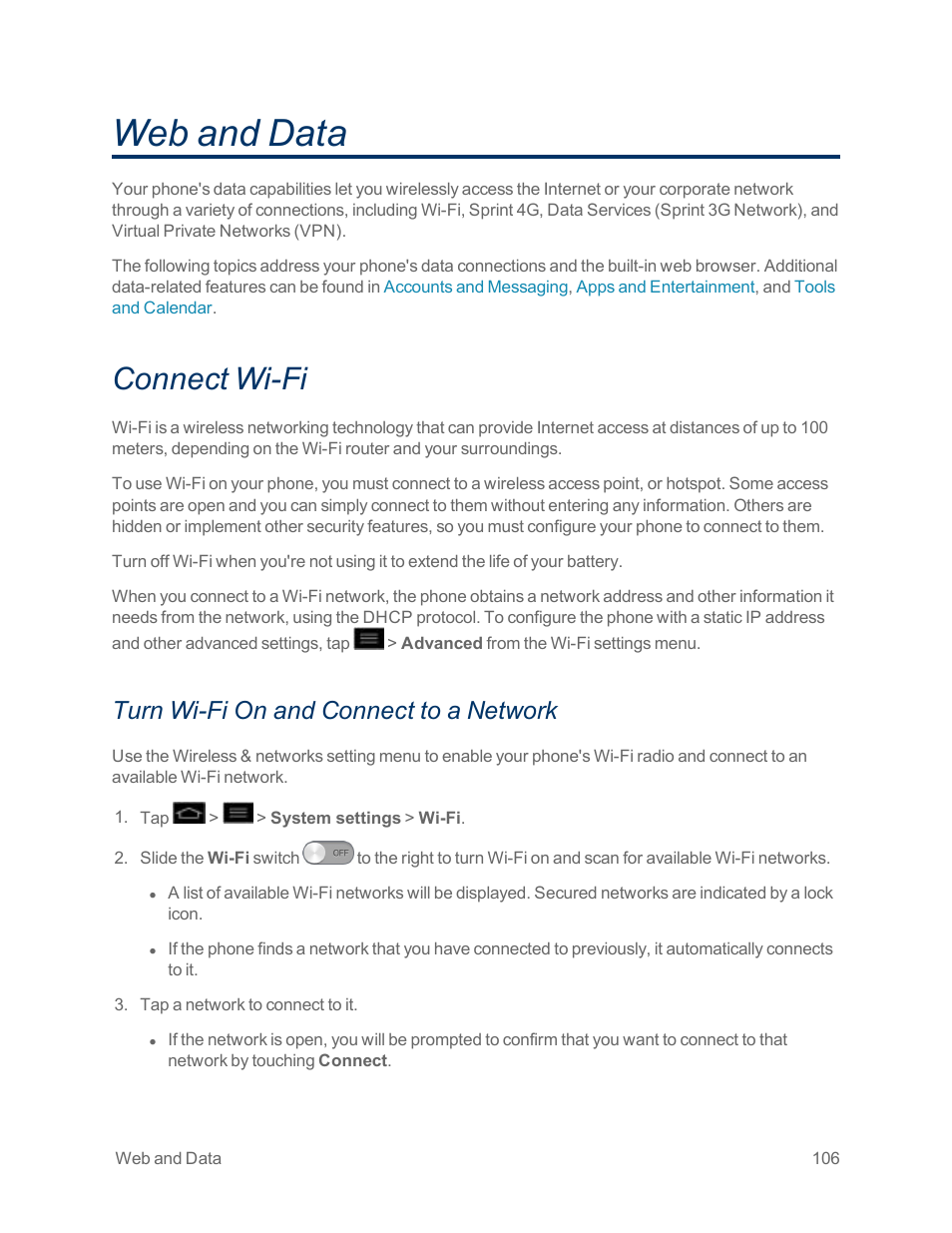 Web and data, Connect wi-fi, Turn wi-fi on and connect to a network | LG Optimus G User Manual | Page 114 / 192