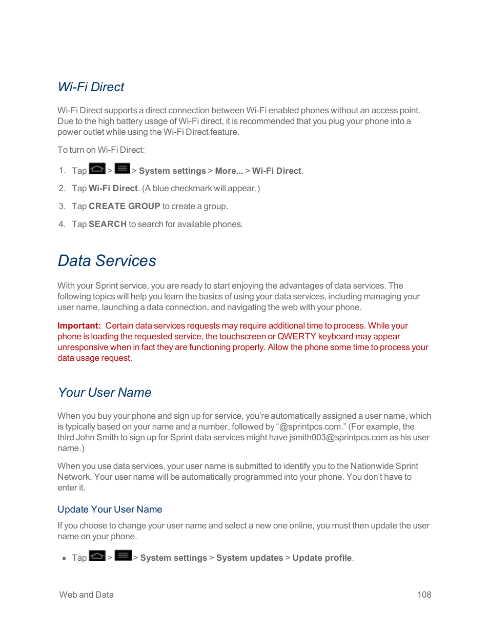 Wi-fi direct, Data services, Your user name | LG Optimus G User Manual | Page 116 / 192