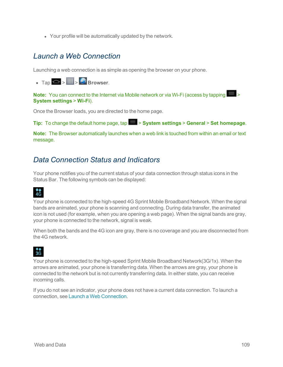 Launch a web connection, Data connection status and indicators | LG Optimus G User Manual | Page 117 / 192