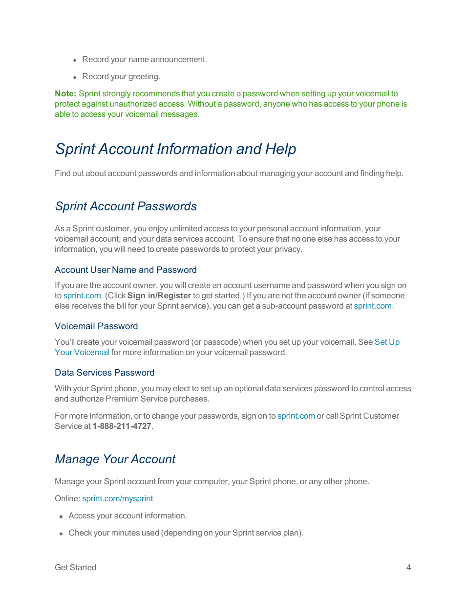 Sprint account information and help, Sprint account passwords, Manage your account | LG Optimus G User Manual | Page 12 / 192