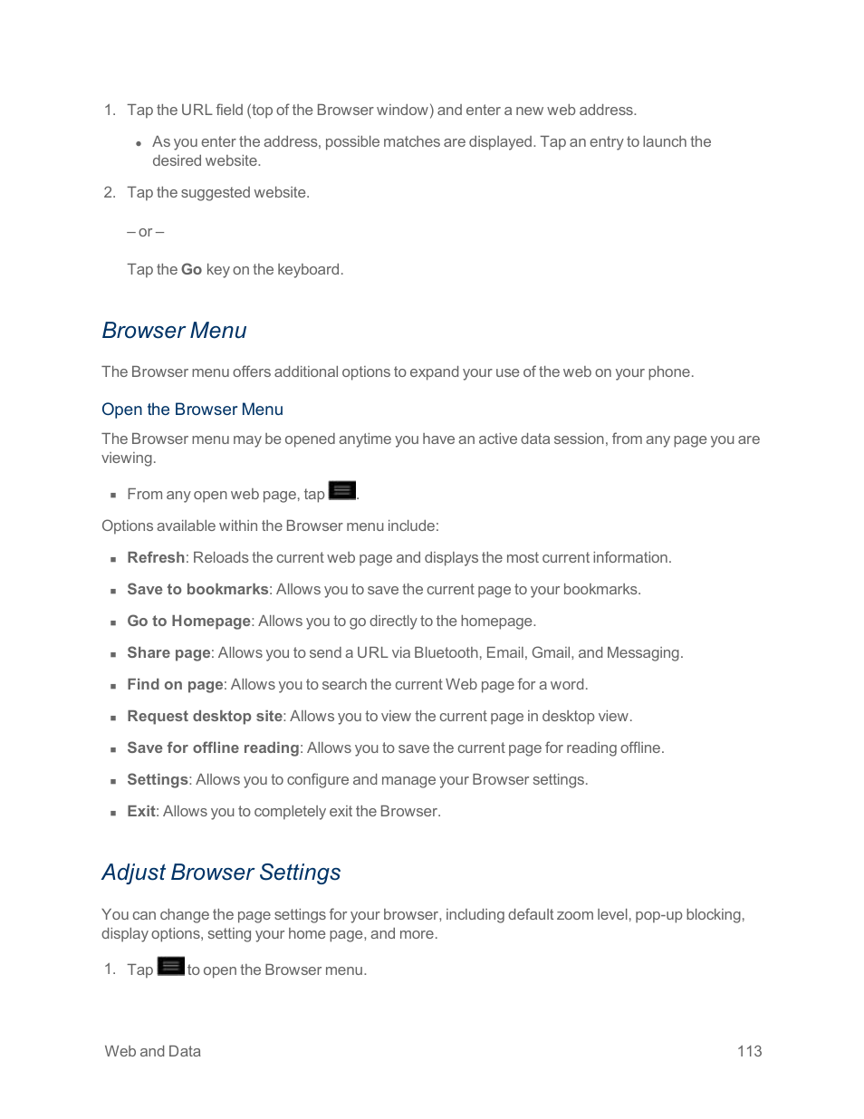 Browser menu, Adjust browser settings | LG Optimus G User Manual | Page 121 / 192