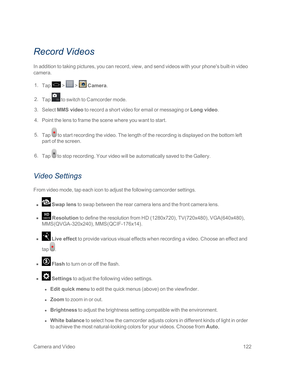 Record videos, Video settings | LG Optimus G User Manual | Page 130 / 192