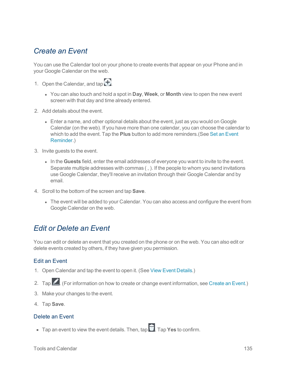 Create an event, Edit or delete an event | LG Optimus G User Manual | Page 143 / 192