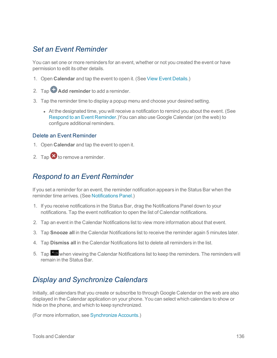 Set an event reminder, Respond to an event reminder, Display and synchronize calendars | Set an event, Reminder | LG Optimus G User Manual | Page 144 / 192