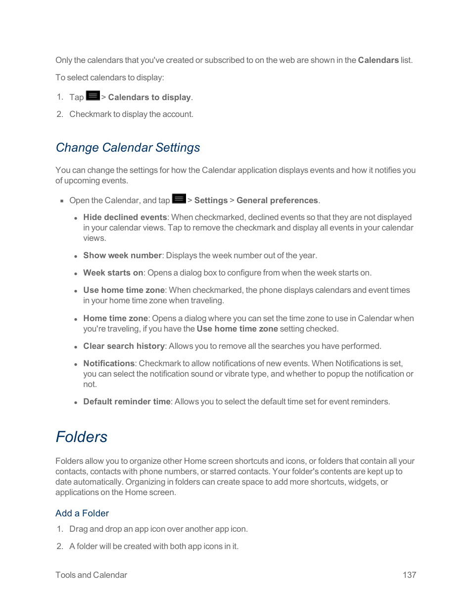 Change calendar settings, Folders | LG Optimus G User Manual | Page 145 / 192