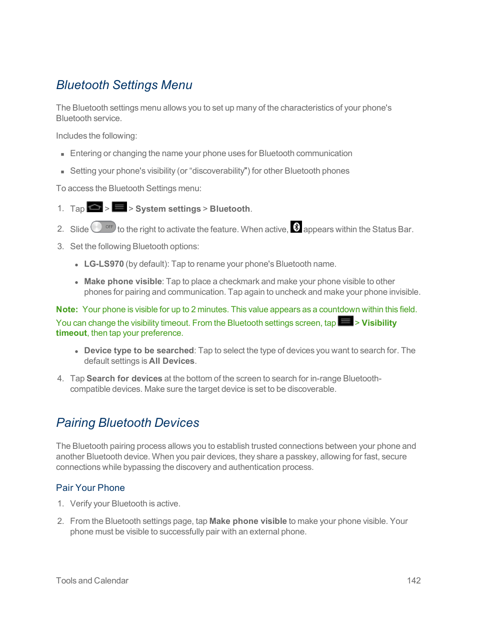 Bluetooth settings menu, Pairing bluetooth devices | LG Optimus G User Manual | Page 150 / 192