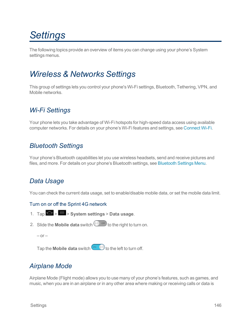 Settings, Wireless & networks settings, Wi-fi settings | Bluetooth settings, Data usage, Airplane mode | LG Optimus G User Manual | Page 154 / 192