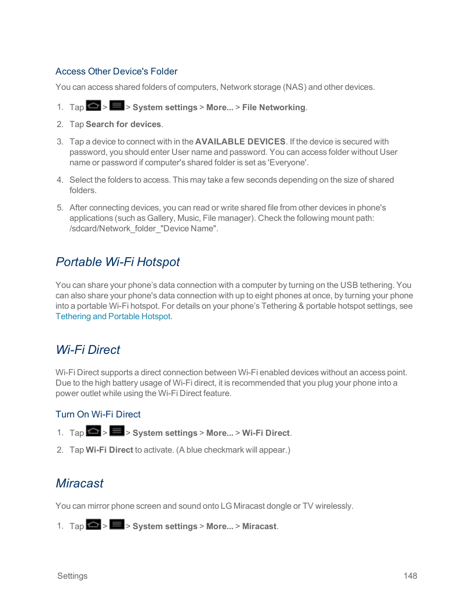 Portable wi-fi hotspot, Wi-fi direct, Miracast | LG Optimus G User Manual | Page 156 / 192