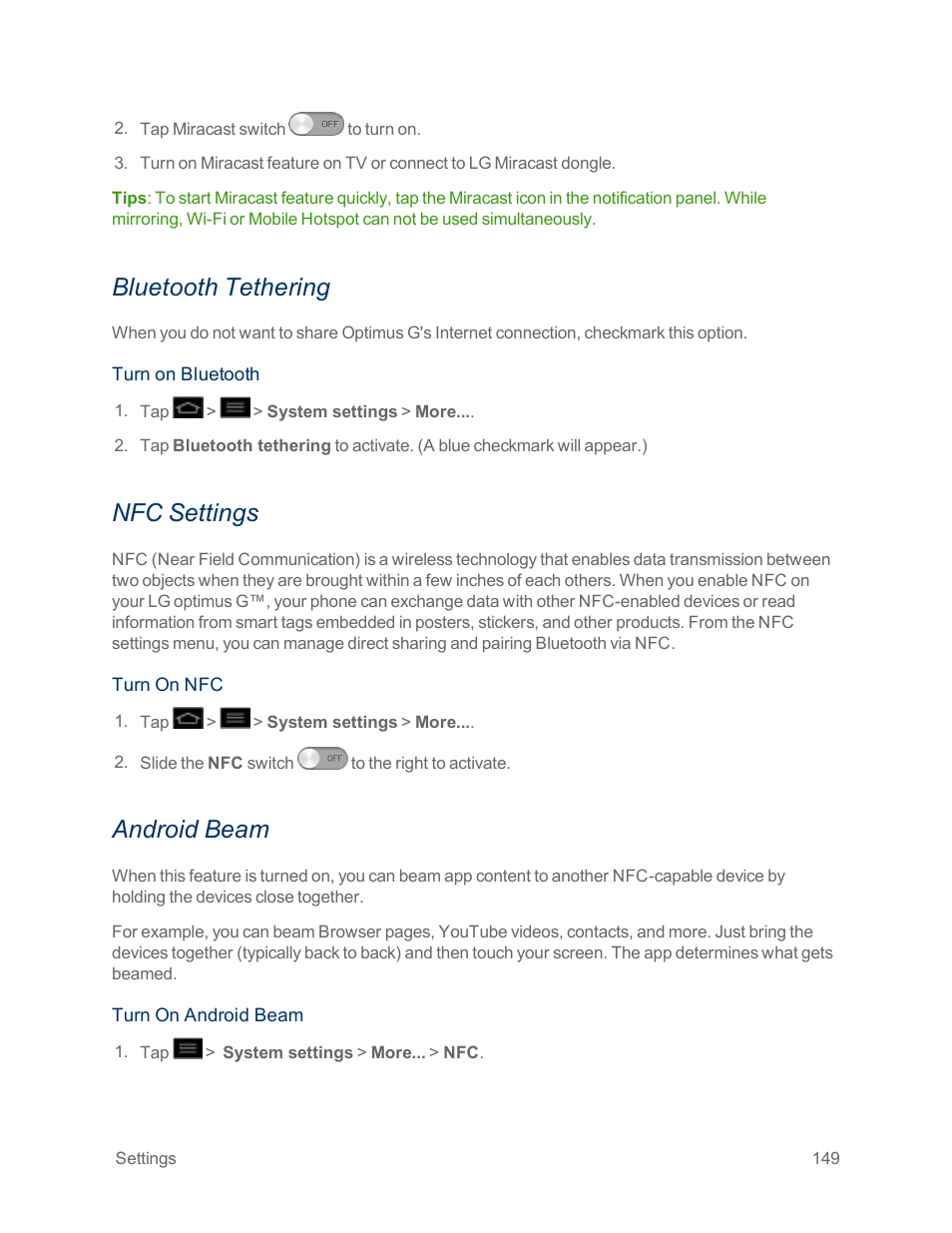 Bluetooth tethering, Nfc settings, Android beam | LG Optimus G User Manual | Page 157 / 192
