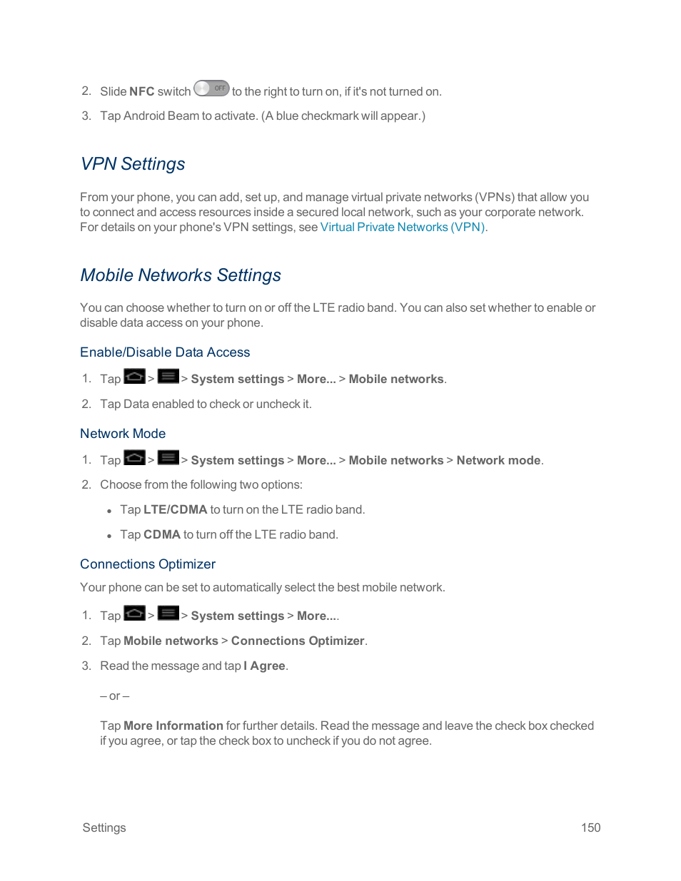 Vpn settings, Mobile networks settings | LG Optimus G User Manual | Page 158 / 192