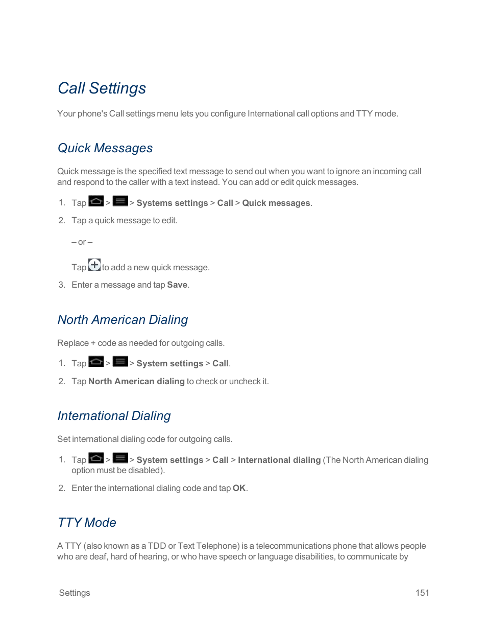 Call settings, Quick messages, North american dialing | International dialing, Tty mode | LG Optimus G User Manual | Page 159 / 192