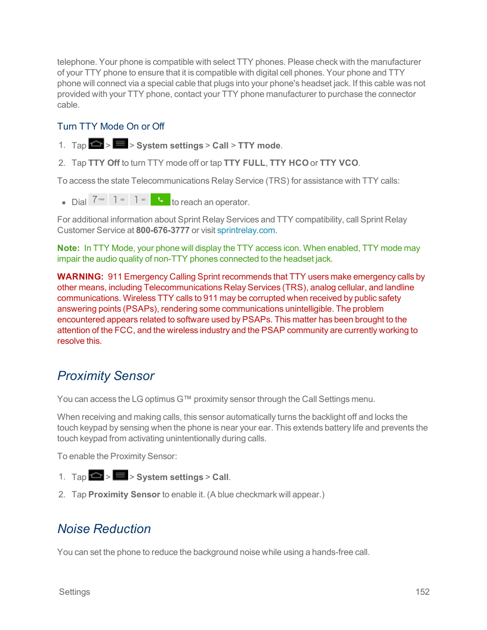 Proximity sensor, Noise reduction | LG Optimus G User Manual | Page 160 / 192