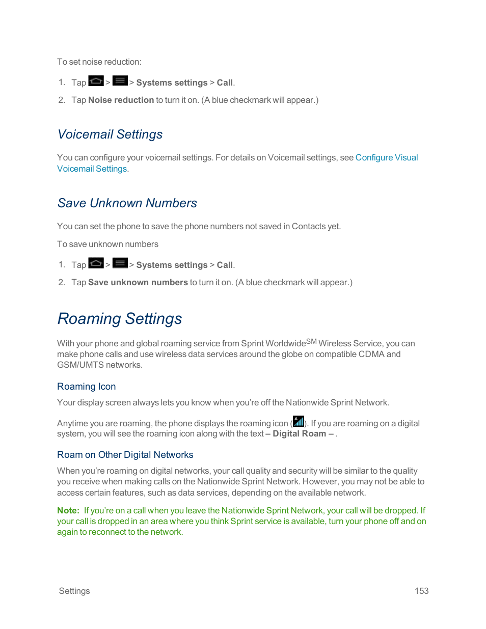 Voicemail settings, Save unknown numbers, Roaming settings | LG Optimus G User Manual | Page 161 / 192