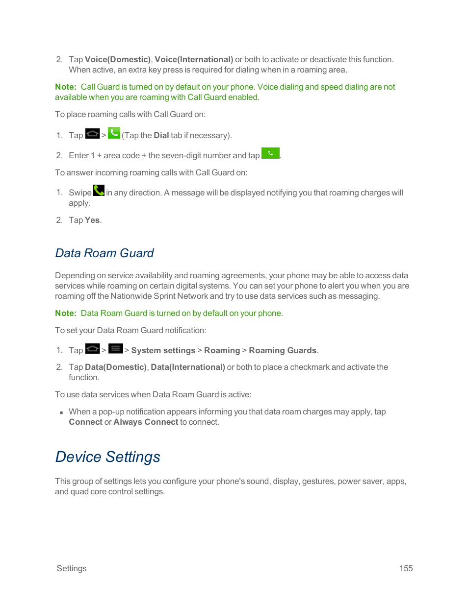 Data roam guard, Device settings | LG Optimus G User Manual | Page 163 / 192