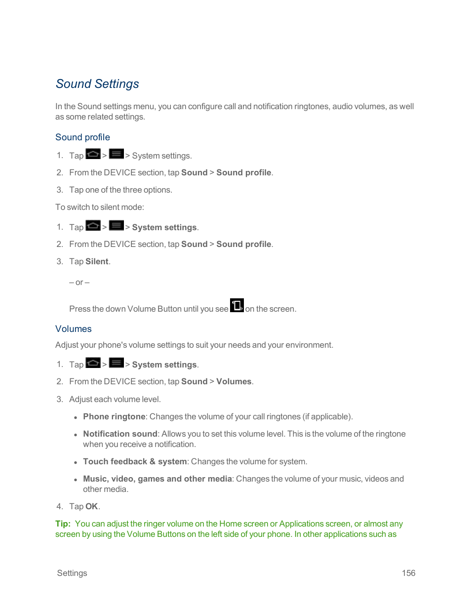 Sound settings, Sound, Settings | LG Optimus G User Manual | Page 164 / 192