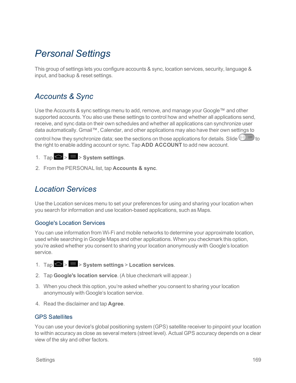 Personal settings, Accounts & sync, Location services | Satellites | LG Optimus G User Manual | Page 177 / 192