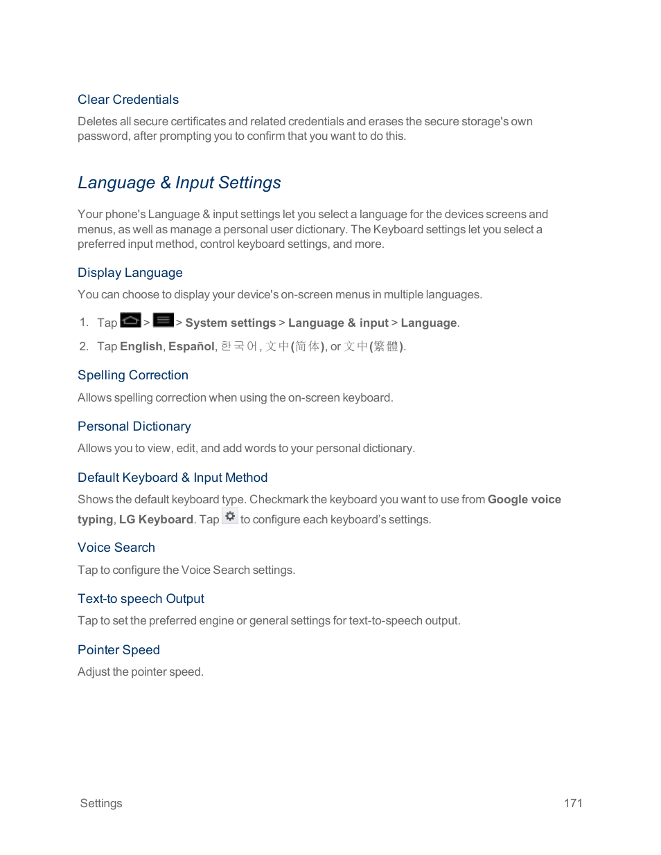 Language & input settings | LG Optimus G User Manual | Page 179 / 192