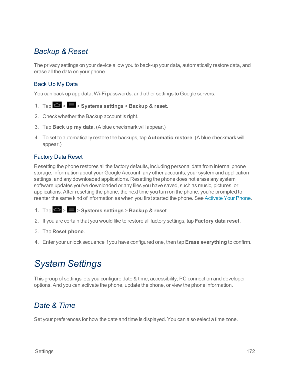 Backup & reset, System settings, Date & time | LG Optimus G User Manual | Page 180 / 192