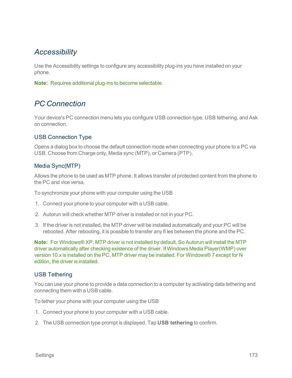 Accessibility, Pc connection | LG Optimus G User Manual | Page 181 / 192