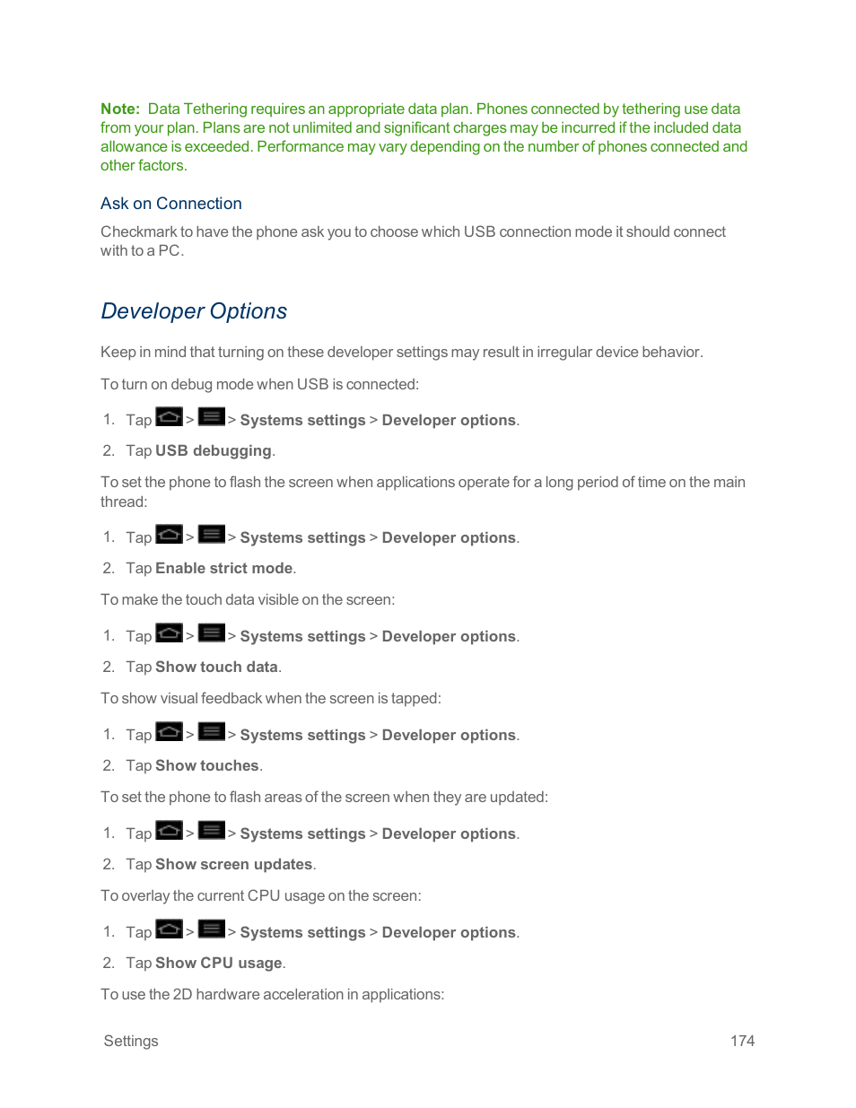 Developer options | LG Optimus G User Manual | Page 182 / 192