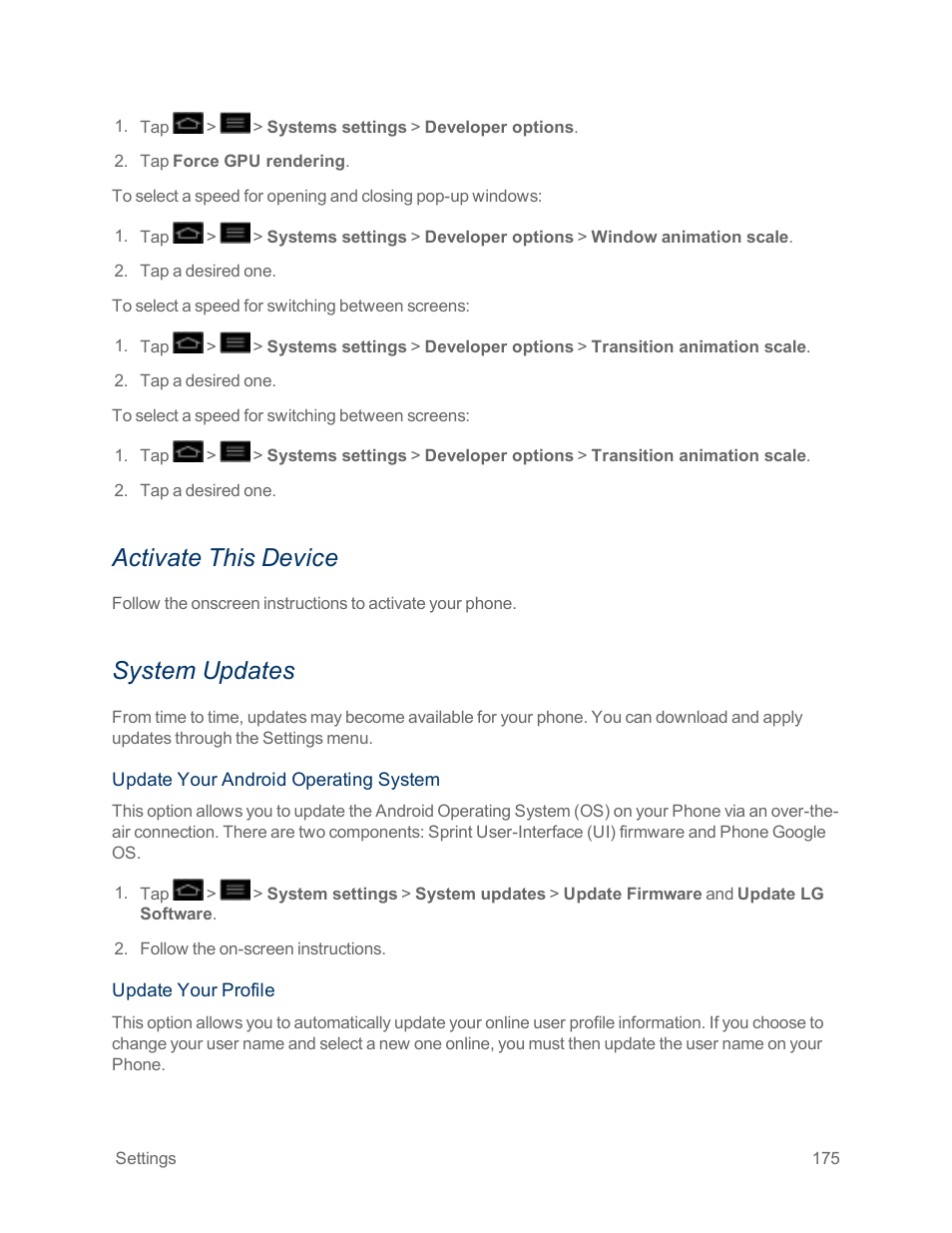 Activate this device, System updates | LG Optimus G User Manual | Page 183 / 192