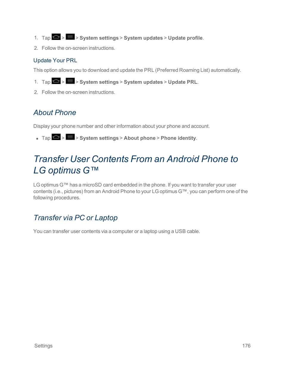 About phone, Transfer via pc or laptop, Transfer via pc or | Laptop | LG Optimus G User Manual | Page 184 / 192