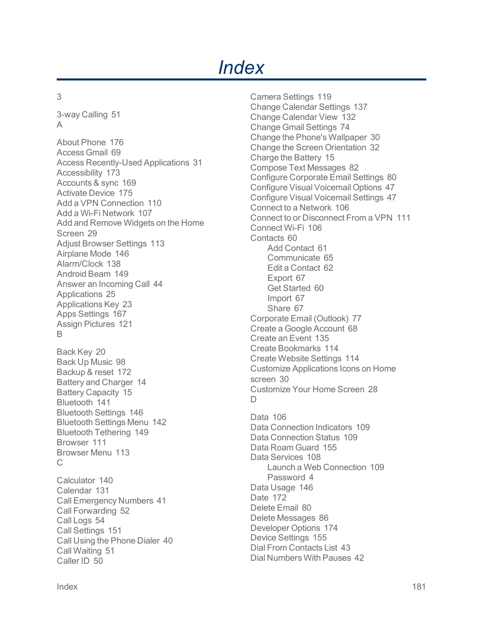 Index | LG Optimus G User Manual | Page 189 / 192