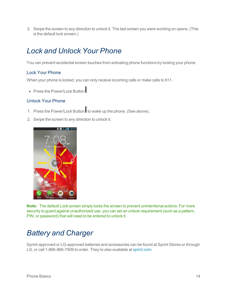 Lock and unlock your phone, Battery and charger | LG Optimus G User Manual | Page 22 / 192