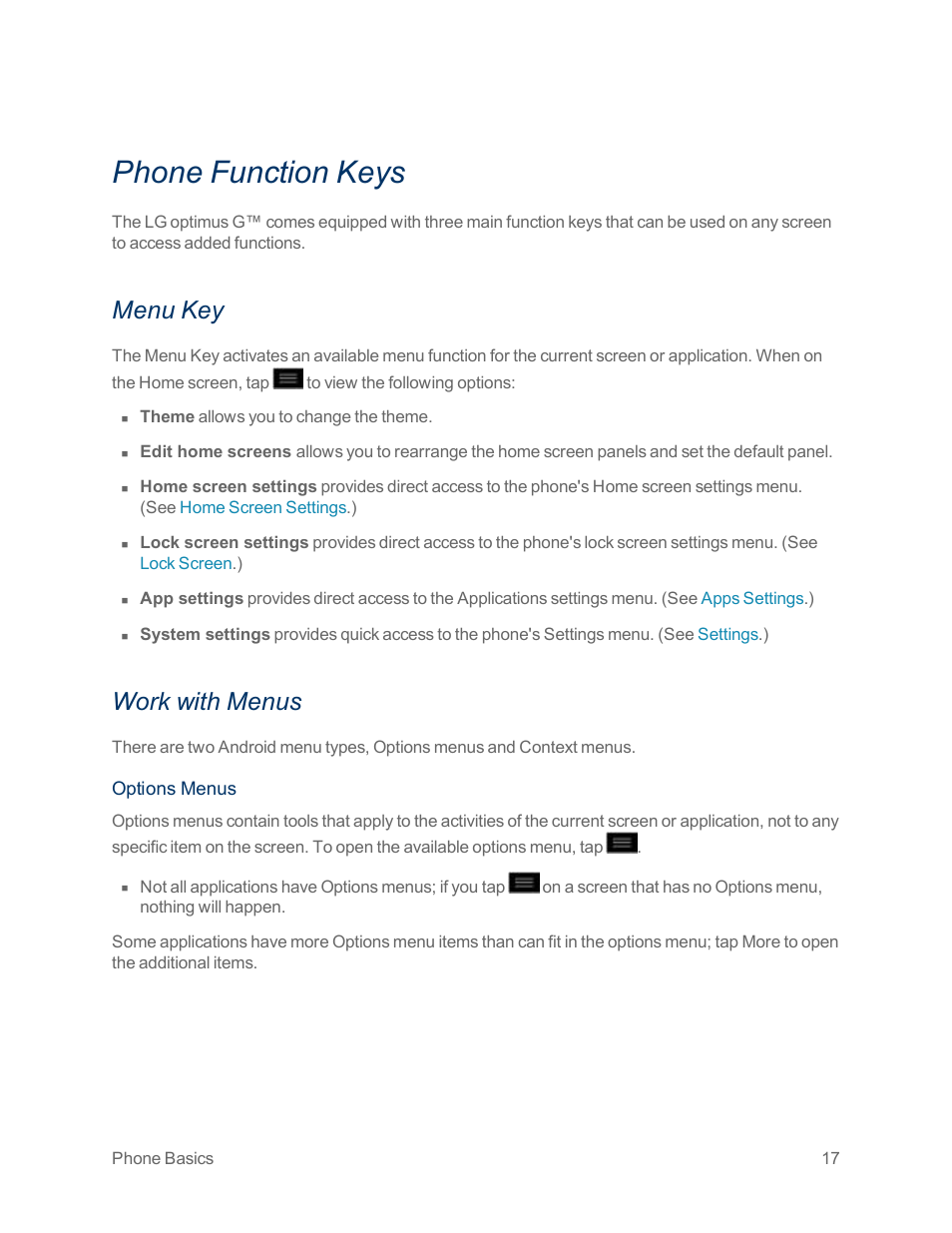 Phone function keys, Menu key, Work with menus | LG Optimus G User Manual | Page 25 / 192