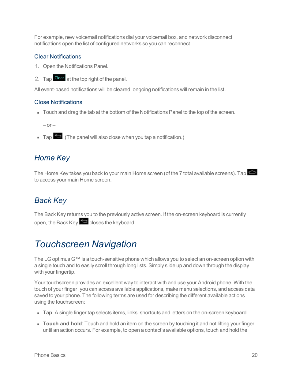 Home key, Back key, Touchscreen navigation | LG Optimus G User Manual | Page 28 / 192