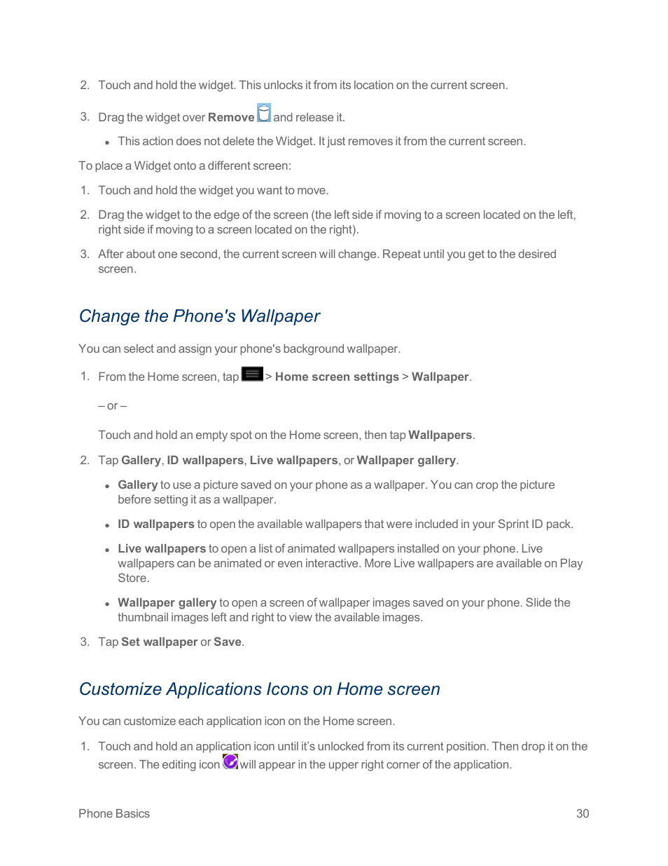 Change the phone's wallpaper, Customize applications icons on home screen, Change the phone‘s wallpaper | LG Optimus G User Manual | Page 38 / 192