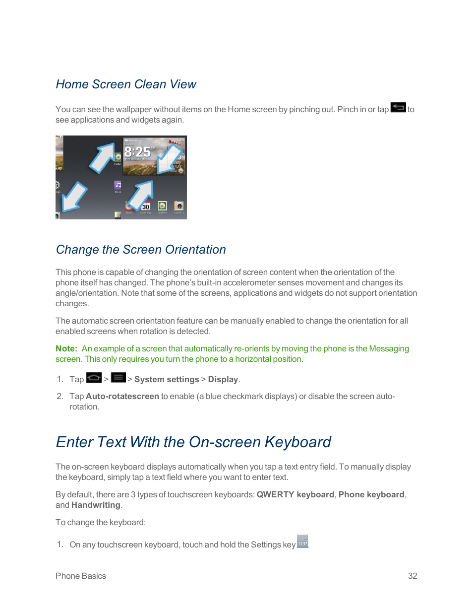 Home screen clean view, Change the screen orientation, Enter text with the on-screen keyboard | LG Optimus G User Manual | Page 40 / 192