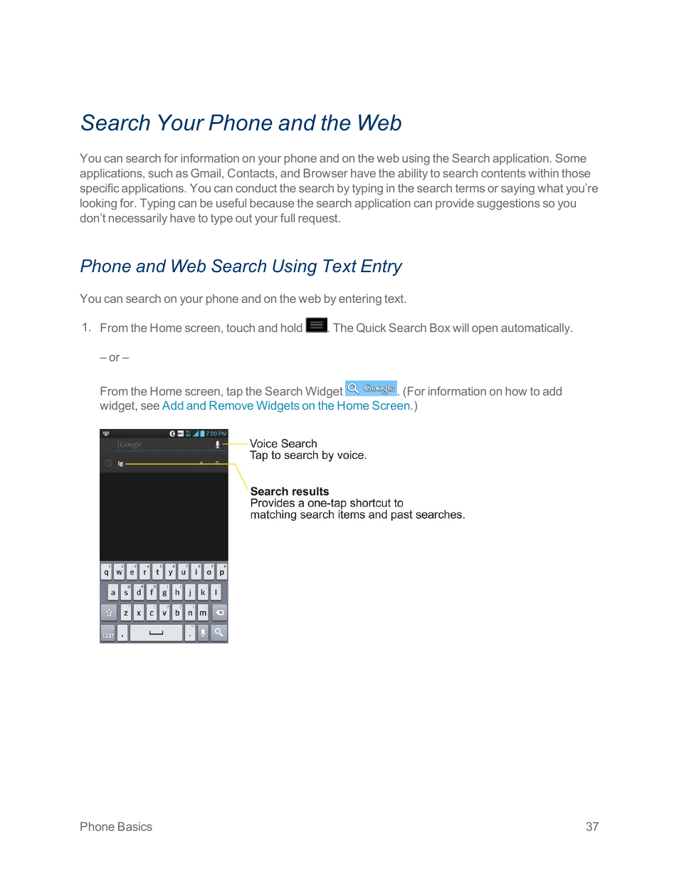 Search your phone and the web, Phone and web search using text entry | LG Optimus G User Manual | Page 45 / 192