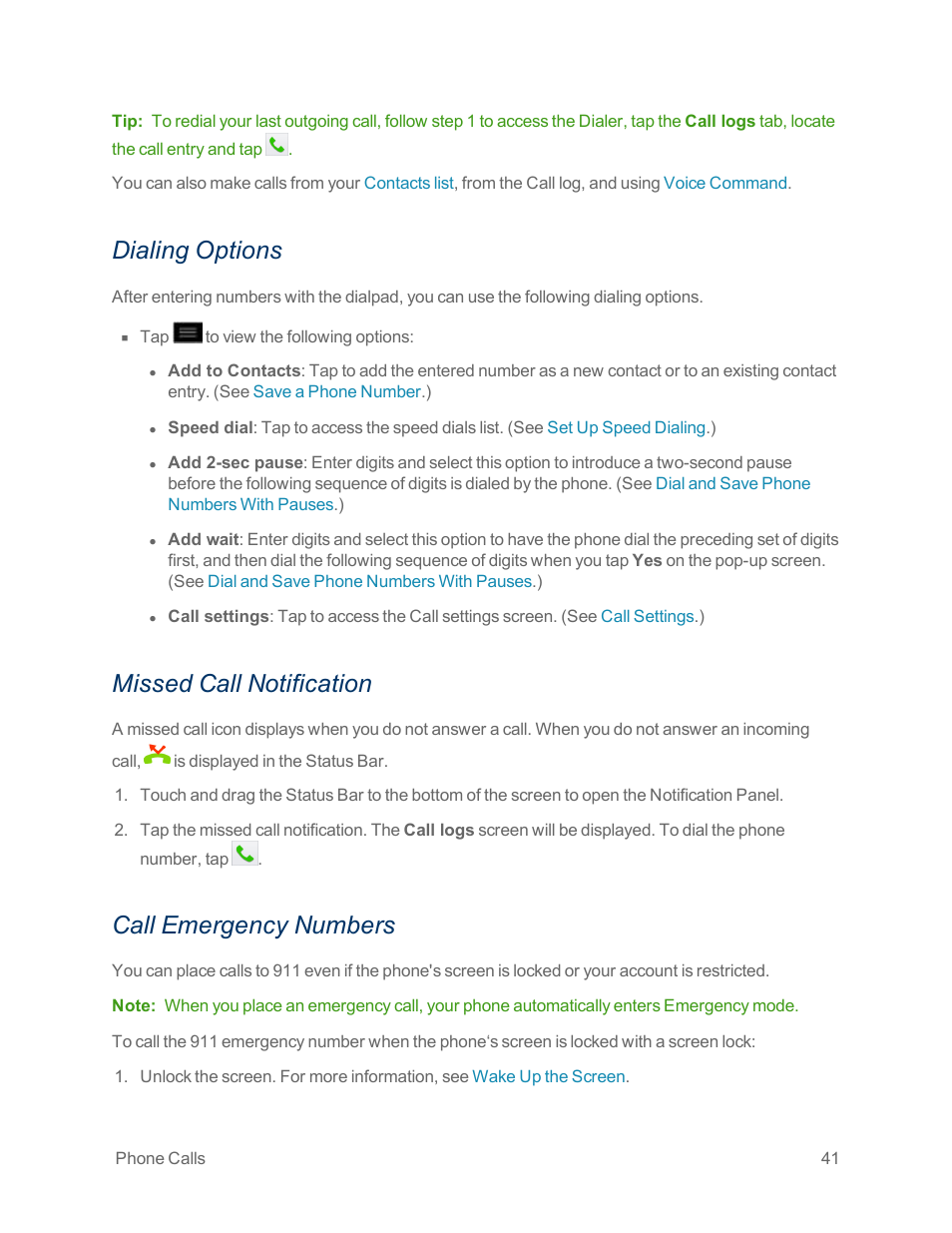 Dialing options, Missed call notification, Call emergency numbers | LG Optimus G User Manual | Page 49 / 192