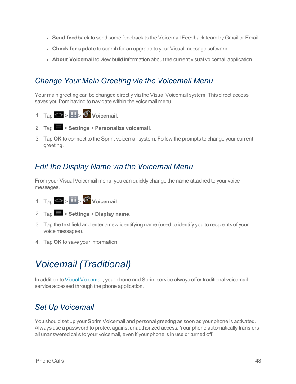 Change your main greeting via the voicemail menu, Edit the display name via the voicemail menu, Voicemail (traditional) | Set up voicemail | LG Optimus G User Manual | Page 56 / 192