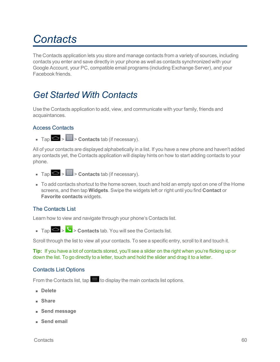 Contacts, Get started with contacts, Contacts list | LG Optimus G User Manual | Page 68 / 192