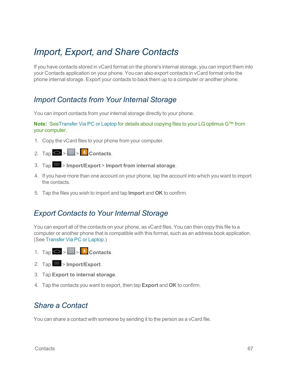 Import, export, and share contacts, Import contacts from your internal storage, Export contacts to your internal storage | Share a contact | LG Optimus G User Manual | Page 75 / 192