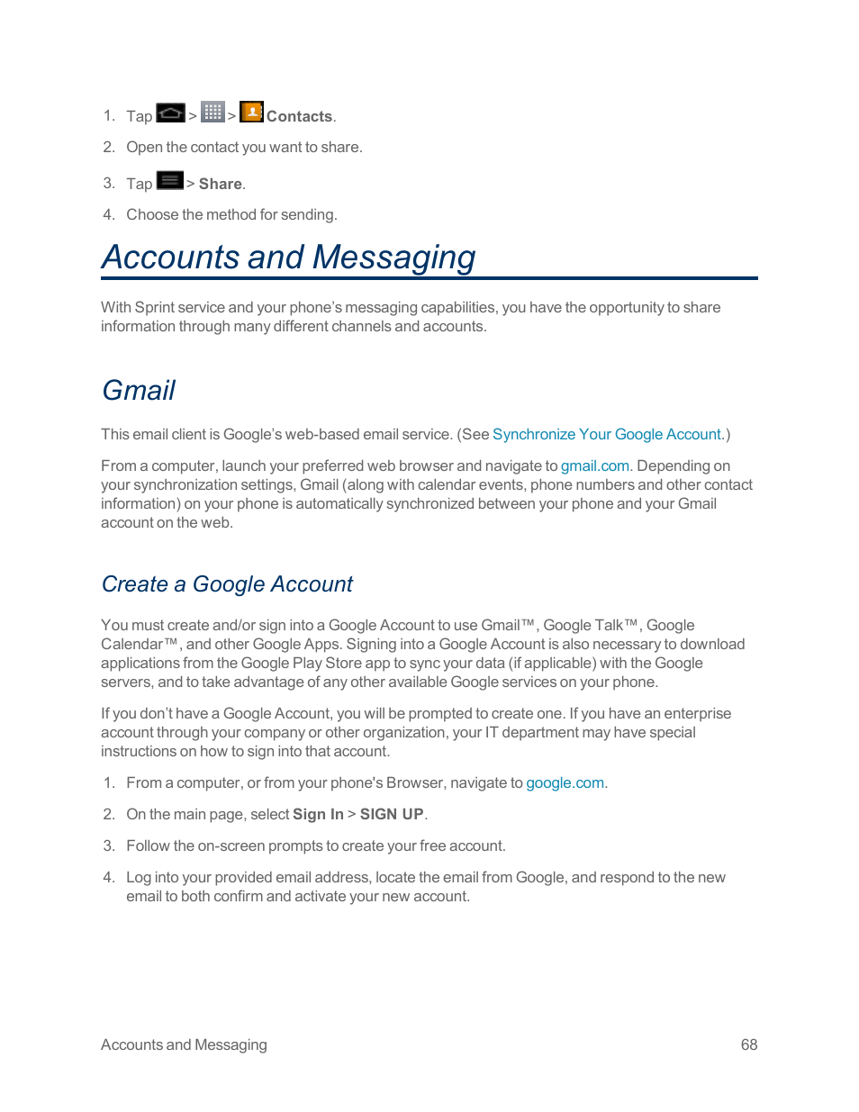 Accounts and messaging, Gmail, Create a google account | LG Optimus G User Manual | Page 76 / 192