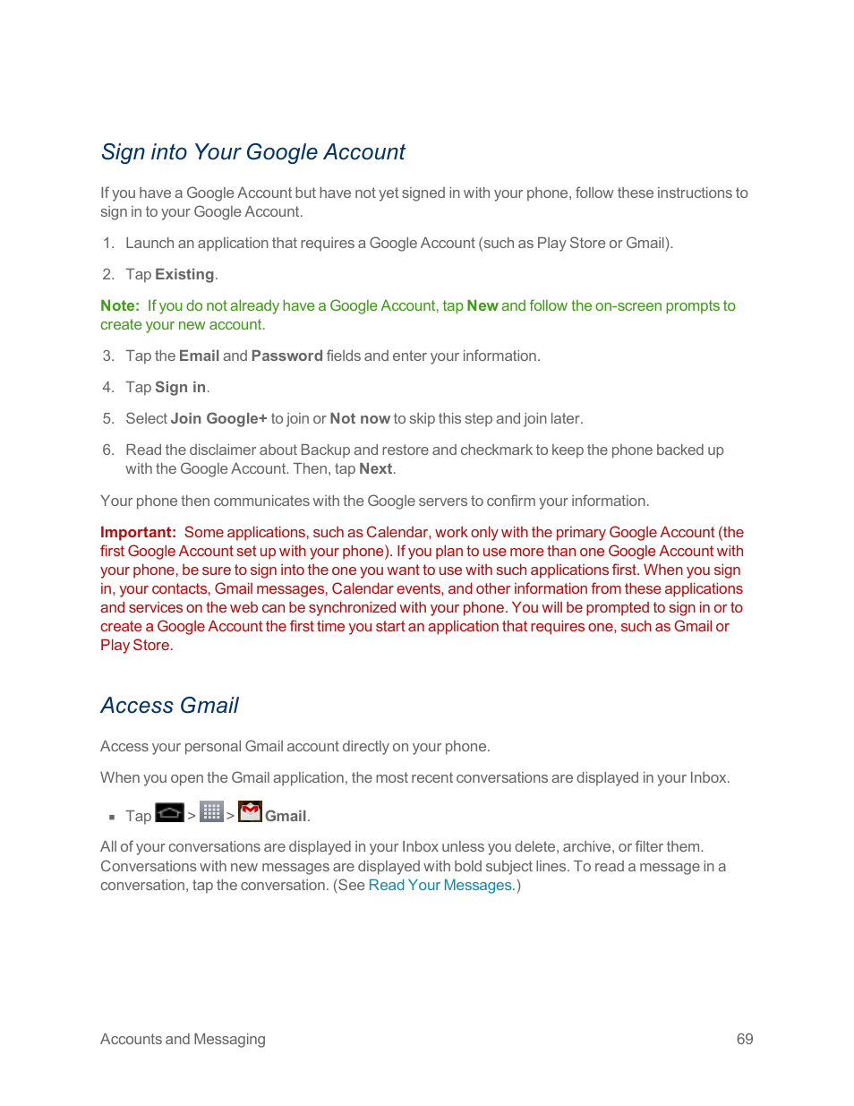 Sign into your google account, Access gmail | LG Optimus G User Manual | Page 77 / 192