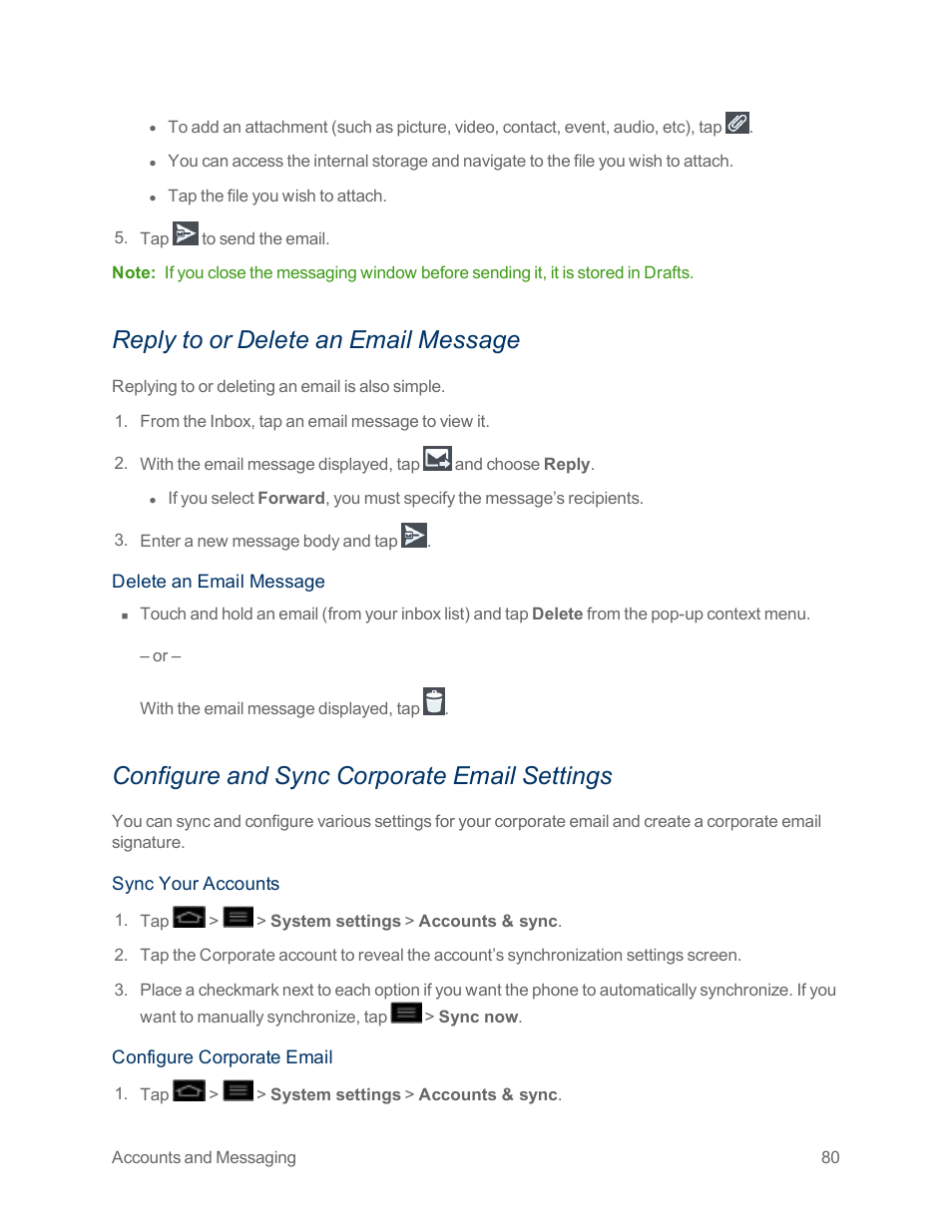 Reply to or delete an email message, Configure and sync corporate email settings | LG Optimus G User Manual | Page 88 / 192