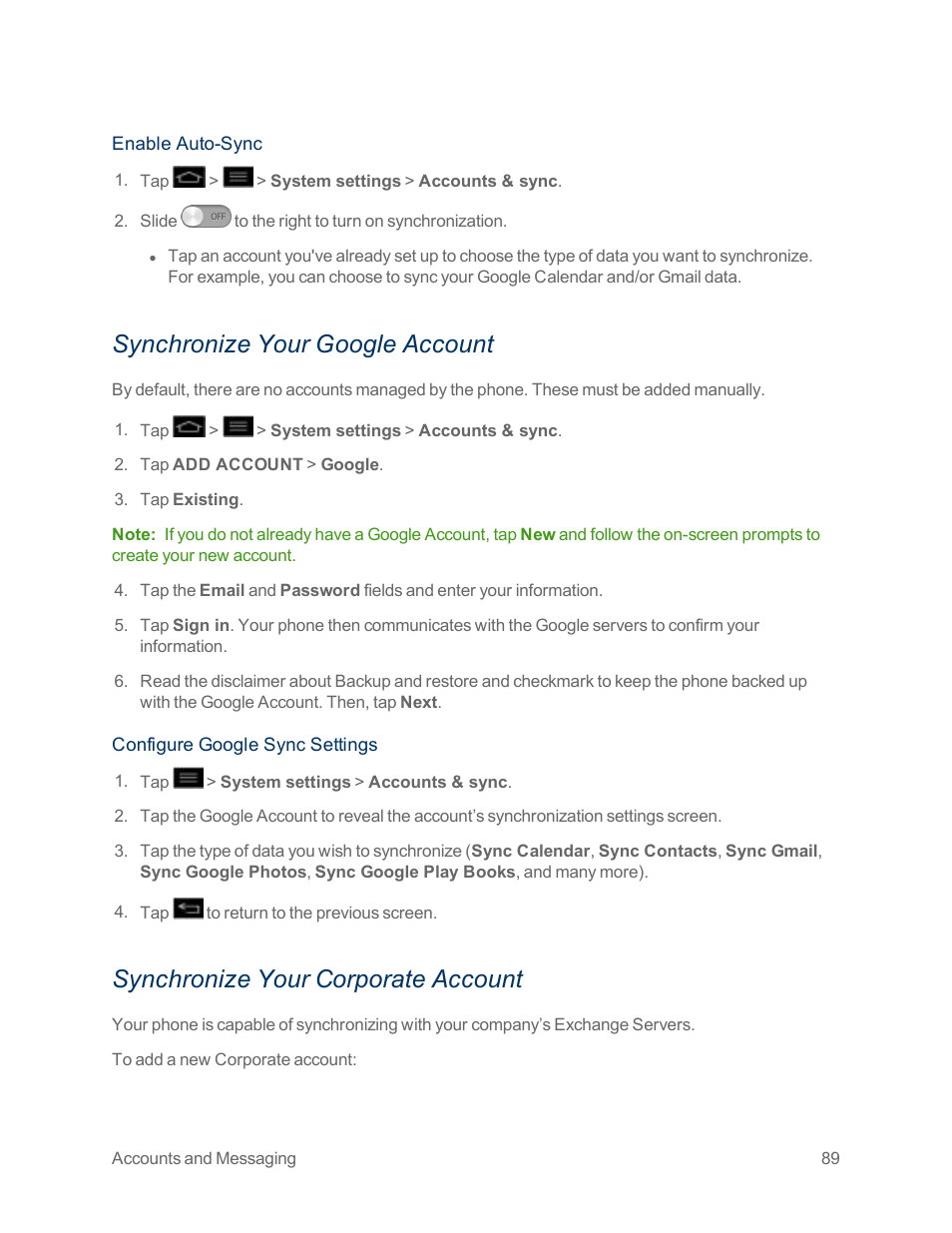 Synchronize your google account, Synchronize your corporate account | LG Optimus G User Manual | Page 97 / 192