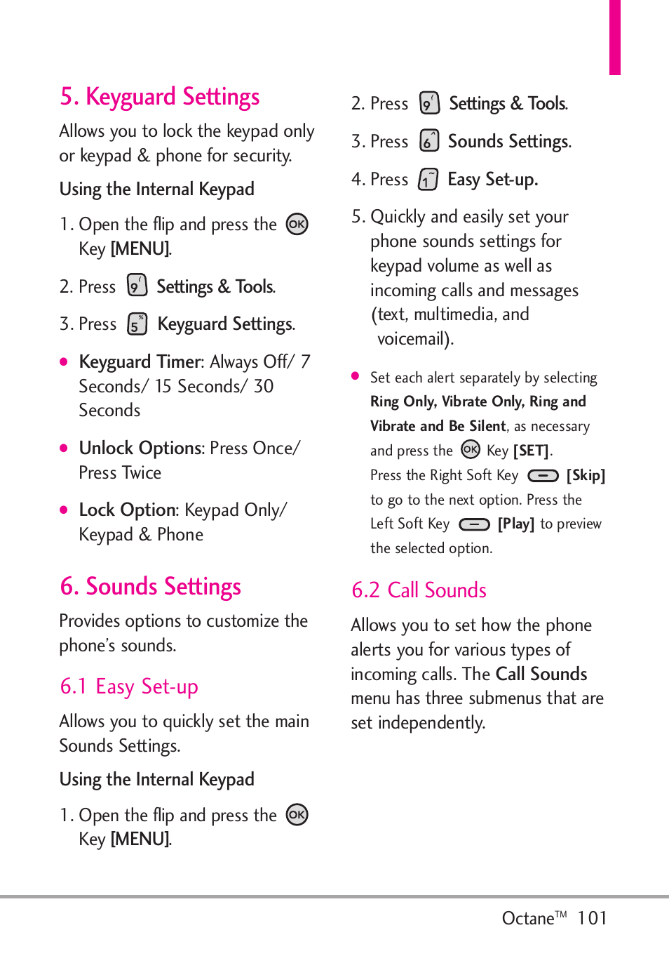 Keyguard settings, Sounds settings, 1 easy set-up | 2 call sounds, Keyguard settings 6. sounds settings | LG Octane VN530 User Manual | Page 103 / 166